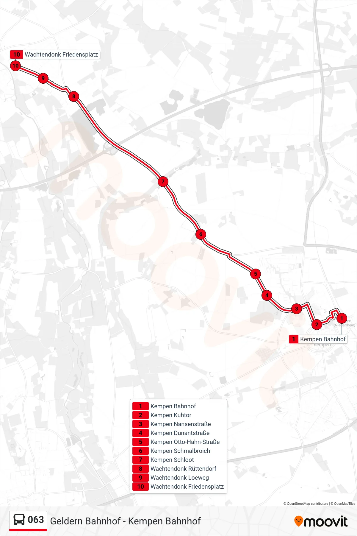 Linie 063 (Bus) Richtung Wachtendonk Friedensplatz: Route und Haltestellen auf der Karte