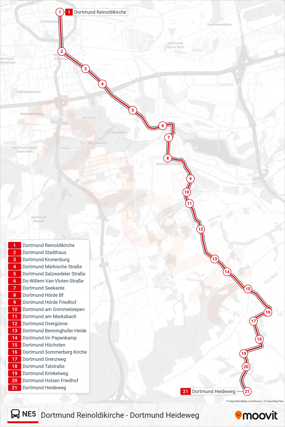 Linie NE5 (Bus) Richtung Dortmund Heideweg: Route und Haltestellen auf der Karte