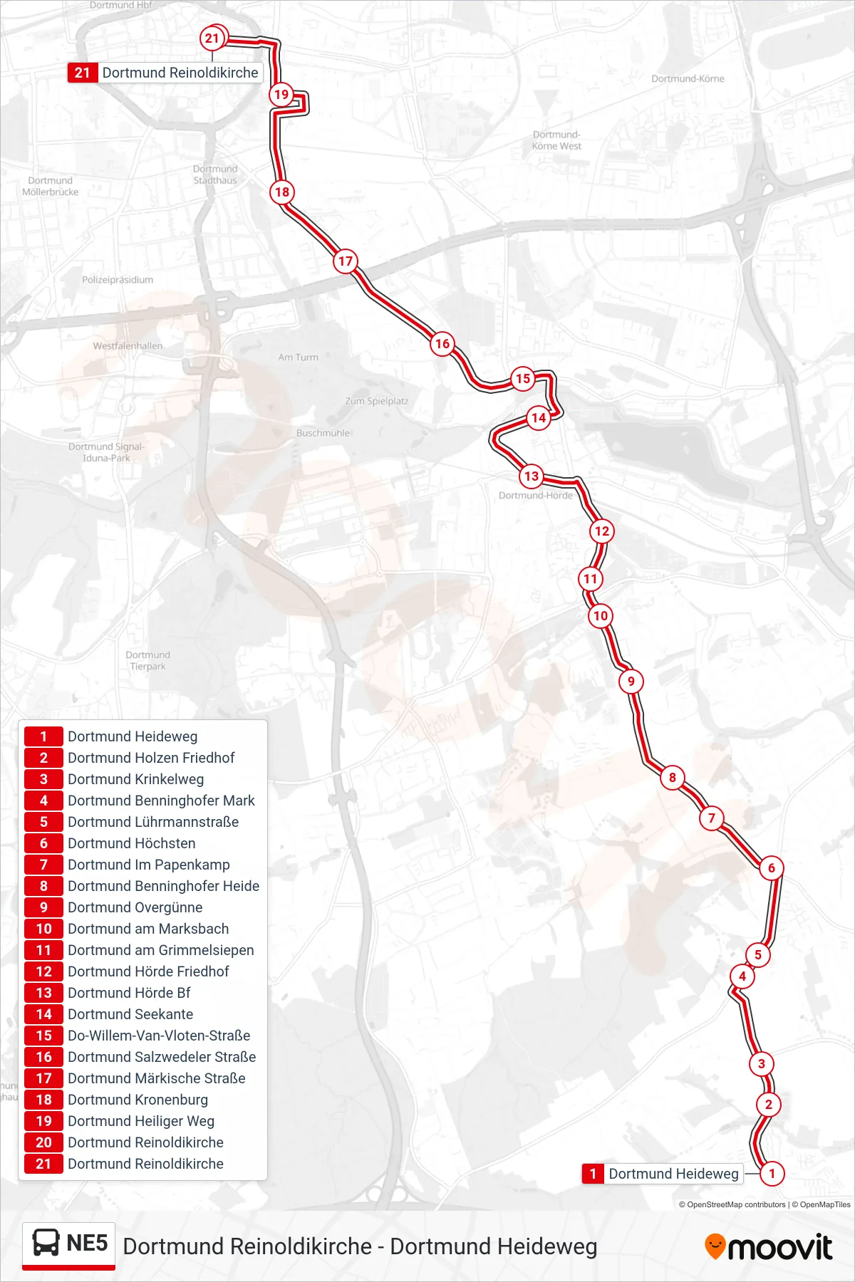 Linie NE5 (Bus) Richtung Dortmund Reinoldikirche: Route und Haltestellen auf der Karte