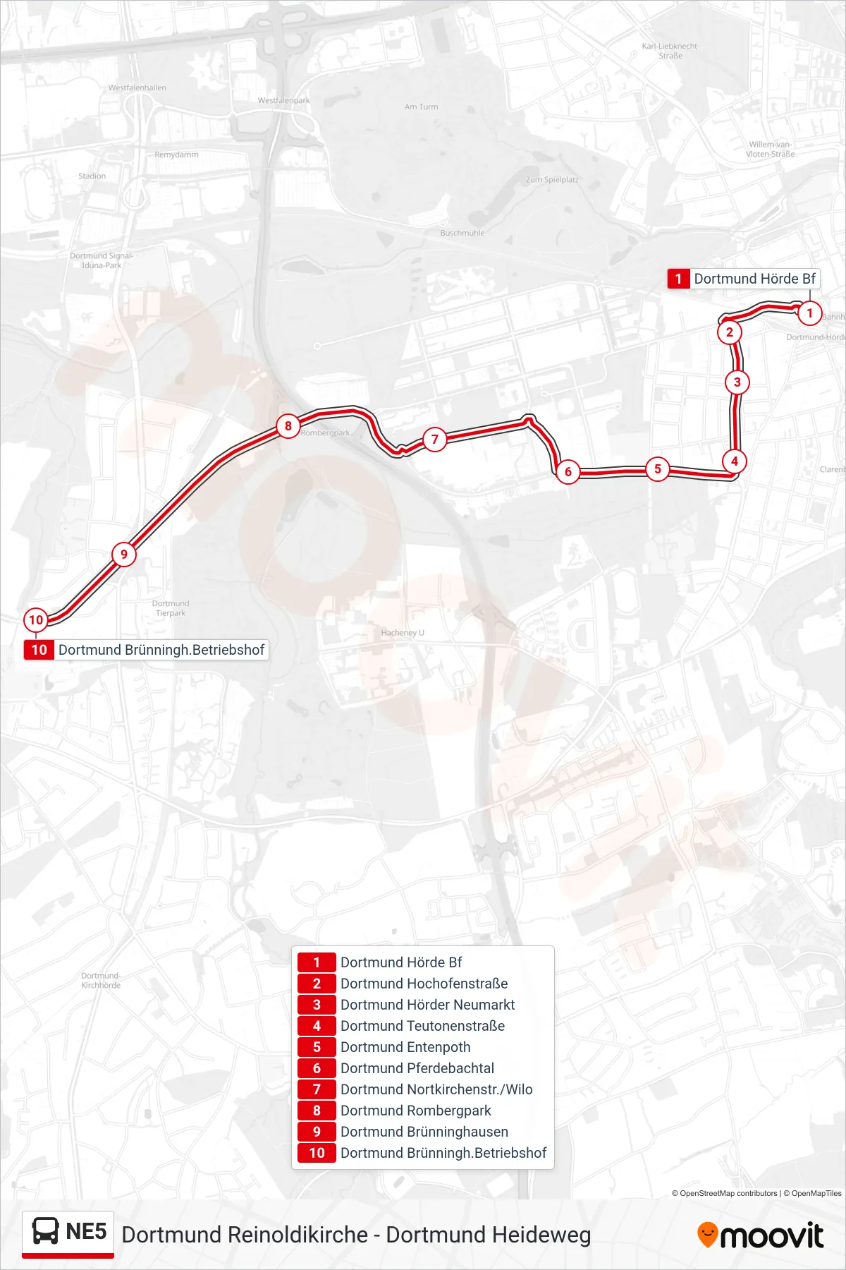 Linie NE5 (Bus) Richtung Dortmund Brünningh.Betriebshof: Route und Haltestellen auf der Karte