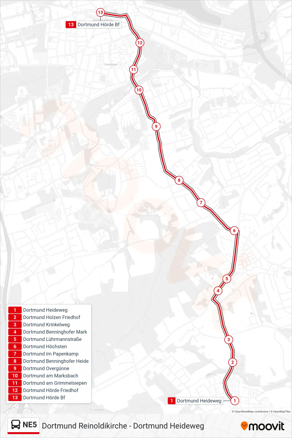 NE5 bus Line (Dortmund Hörde Bf) route and stops on a map