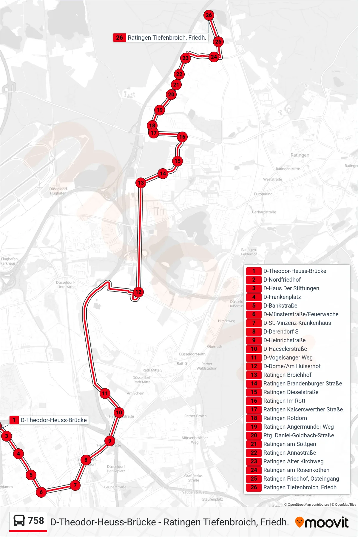 Linie 758 (Bus) Richtung Ratingen Tiefenbroich, Friedh.: Route und Haltestellen auf der Karte