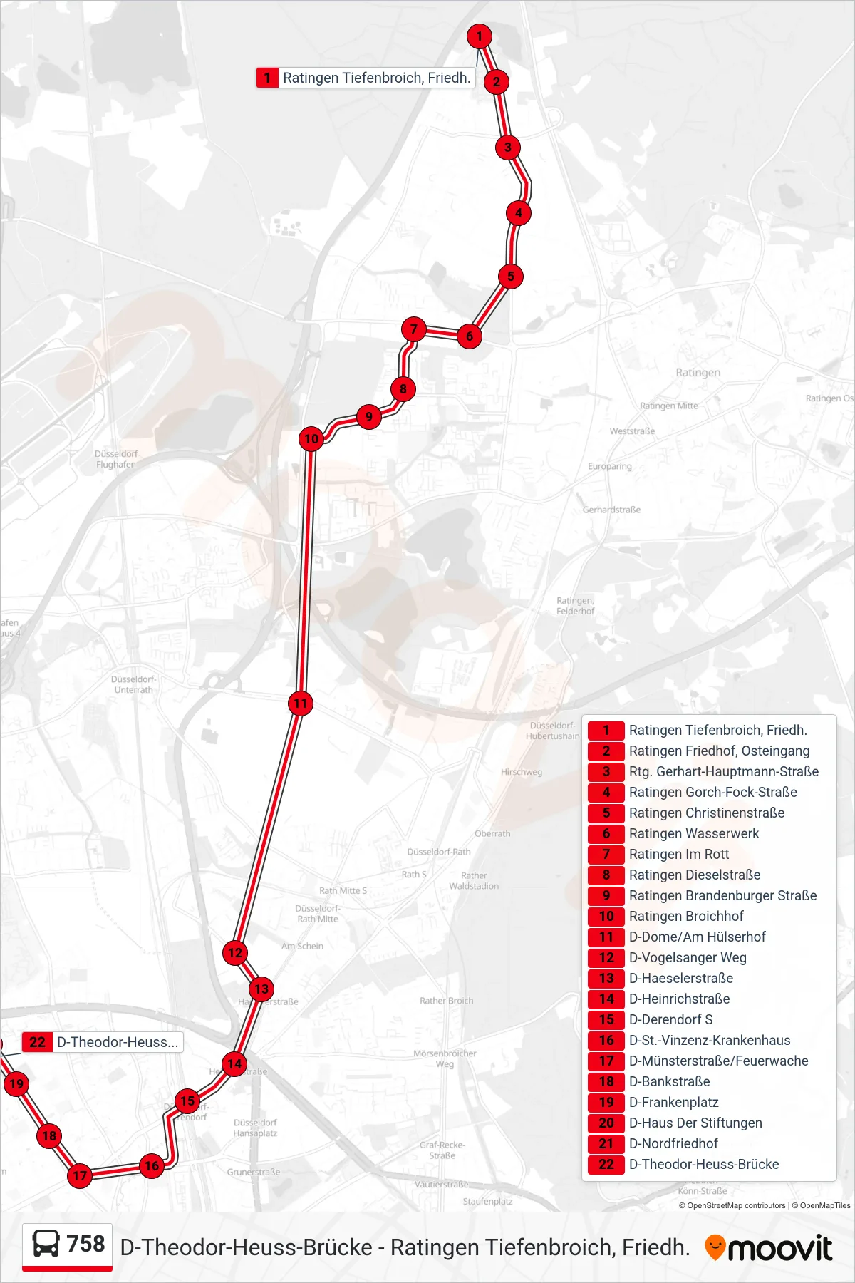 Linie 758 (Bus) Richtung D-Theodor-Heuss-Brücke: Route und Haltestellen auf der Karte