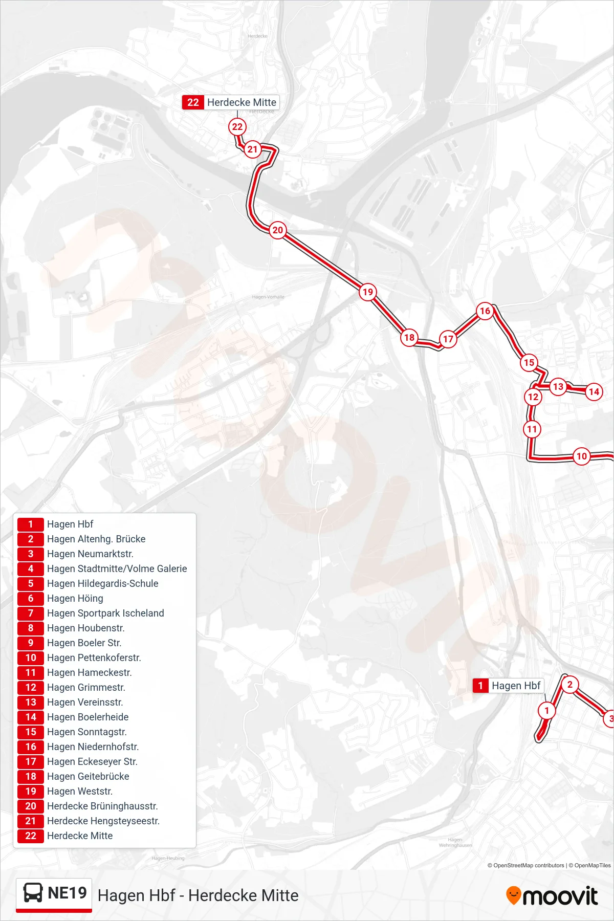 Linie NE19 (Bus) Richtung Herdecke Mitte: Route und Haltestellen auf der Karte
