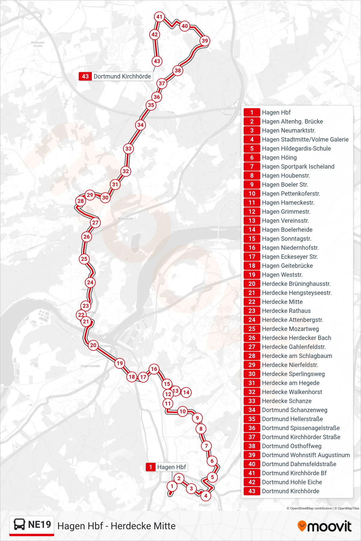 NE19 bus Line (Dortmund Kirchhörde) route and stops on a map