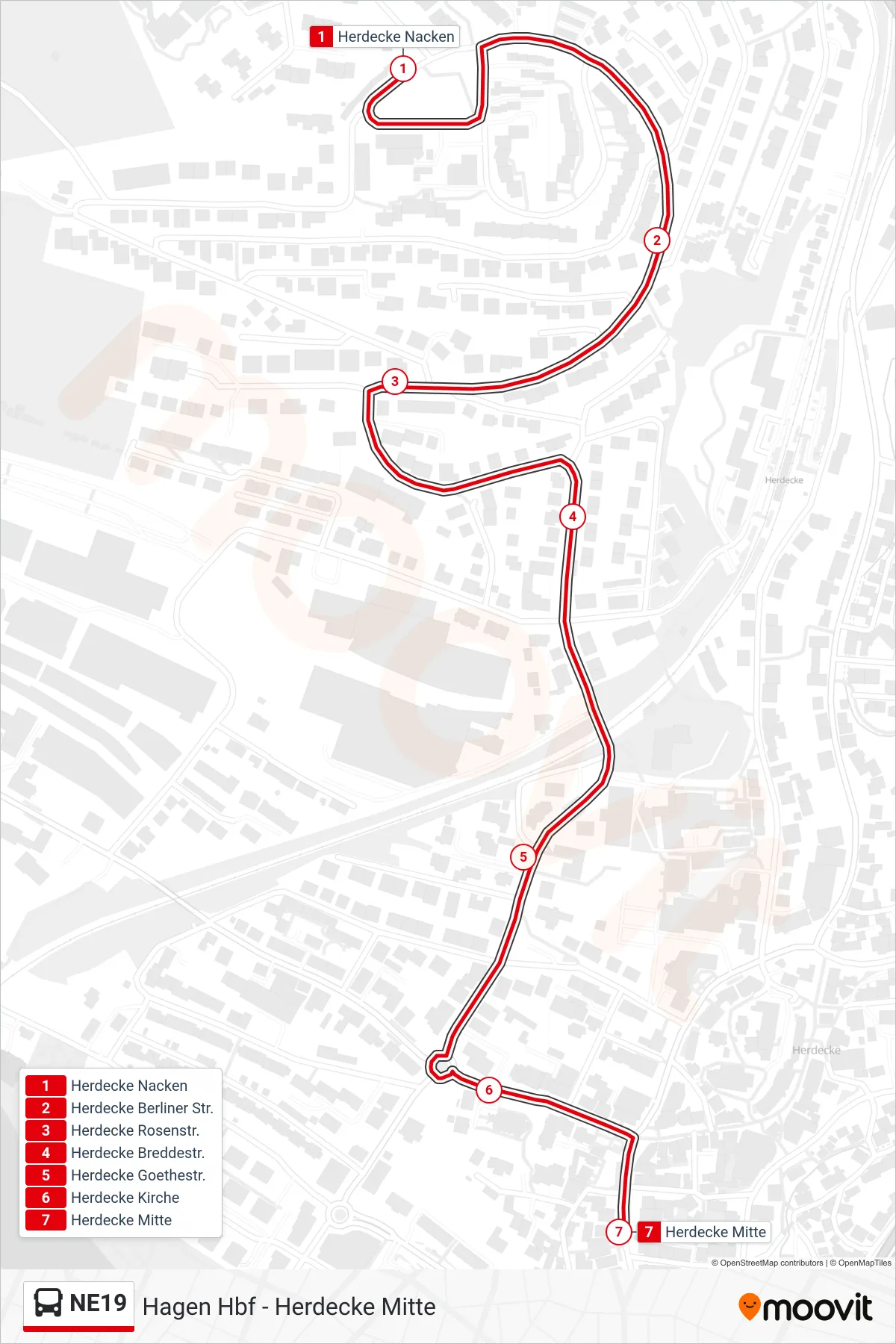 NE19 bus Line (Herdecke Mitte) route and stops on a map