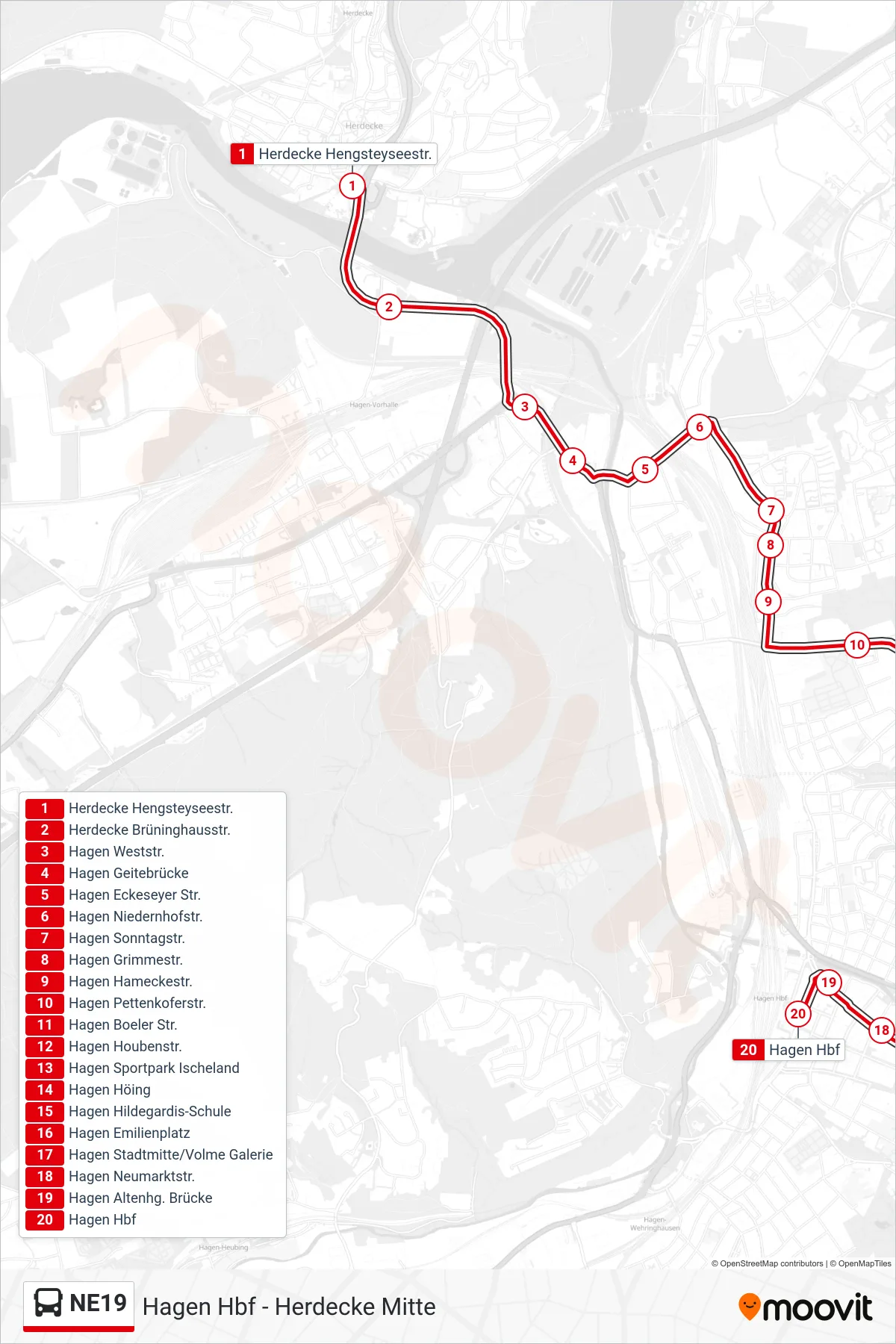 NE19 bus Line (Hagen Hbf) route and stops on a map