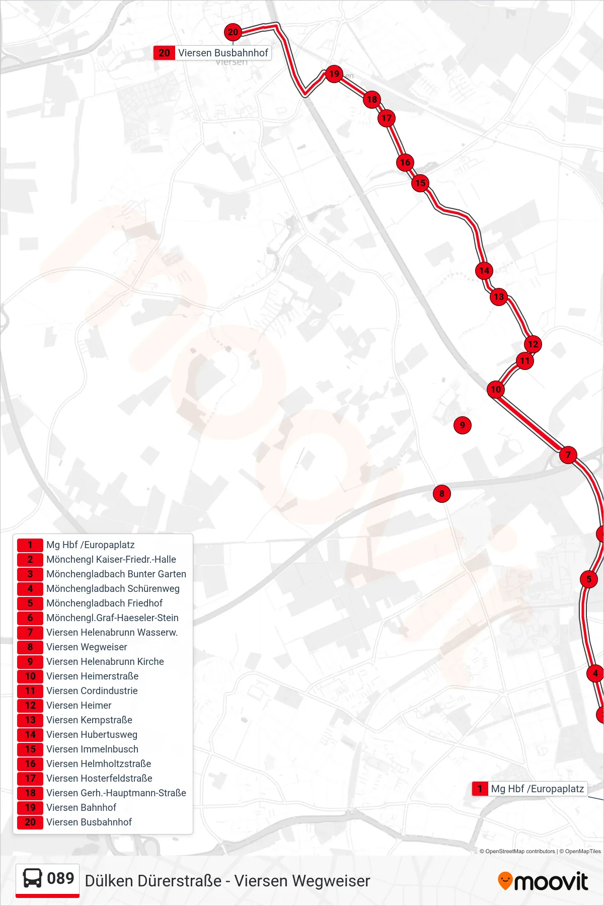 Linie 089 (Bus) Richtung Viersen Busbahnhof: Route und Haltestellen auf der Karte