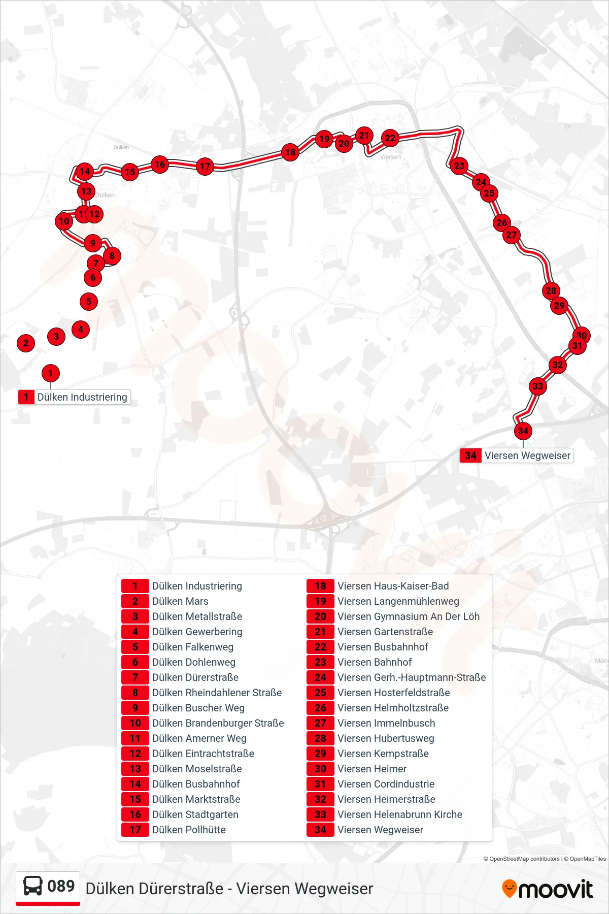 Linie 089 (Bus) Richtung Viersen Wegweiser: Route und Haltestellen auf der Karte
