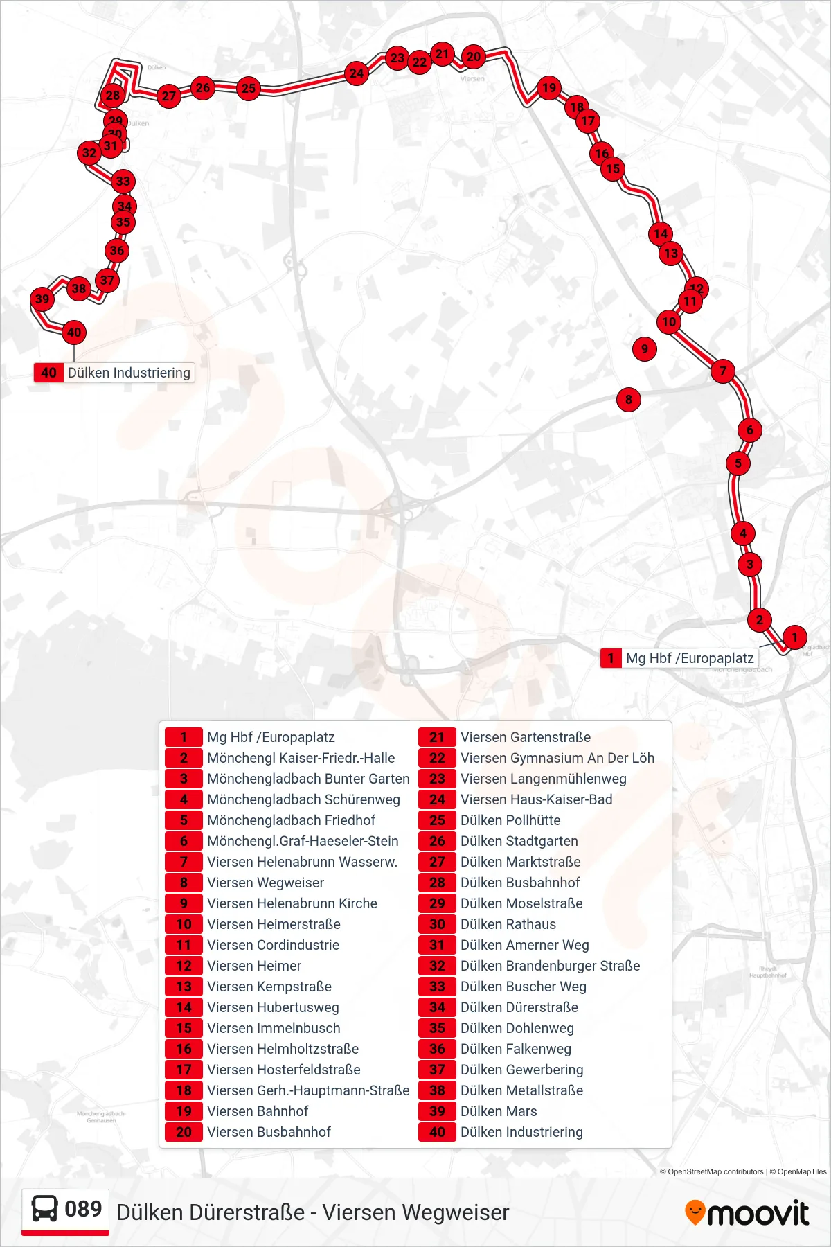 Linie 089 (Bus) Richtung Dülken Industriering: Route und Haltestellen auf der Karte