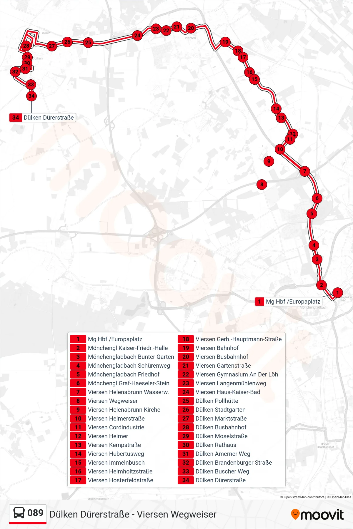 Linie 089 (Bus) Richtung Dülken Dürerstraße: Route und Haltestellen auf der Karte