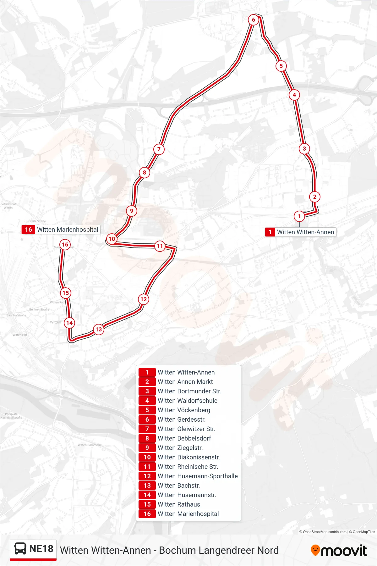 NE18 bus Line (Witten Marienhospital) route and stops on a map
