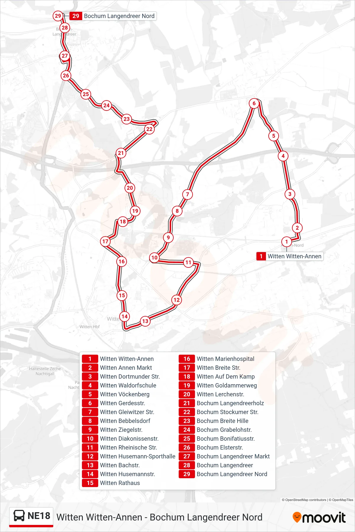 Linie NE18 (Bus) Richtung Bochum Langendreer Nord: Route und Haltestellen auf der Karte