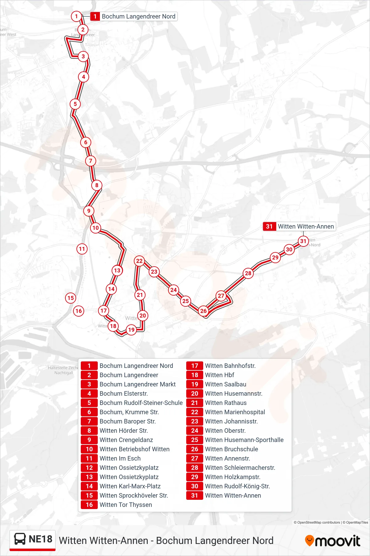 Linie NE18 (Bus) Richtung Witten Witten-Annen: Route und Haltestellen auf der Karte