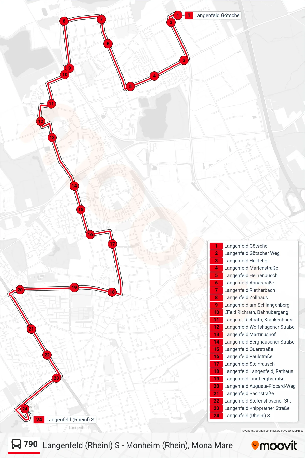 Linie 790 (Bus) Richtung Langenfeld (Rheinl) S: Route und Haltestellen auf der Karte