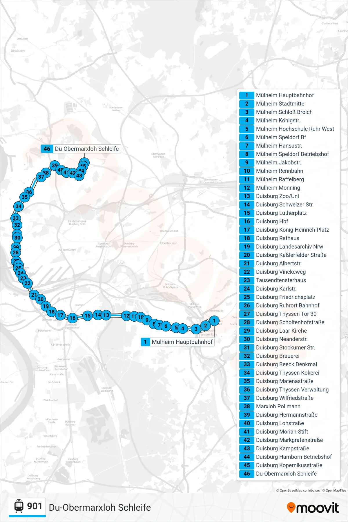 Linie 901 (Straßenbahn) Richtung Du-Obermarxloh Schleife: Route und Haltestellen auf der Karte