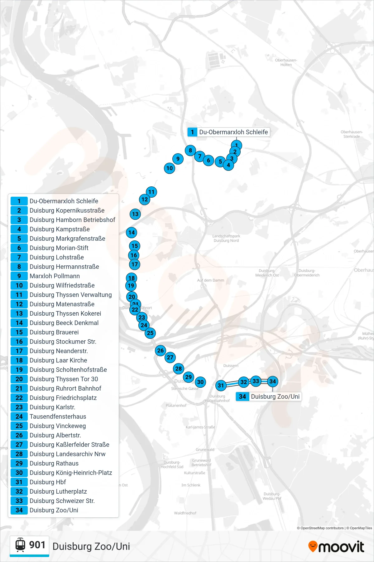 Linie 901 (Straßenbahn) Richtung Duisburg Zoo/Uni: Route und Haltestellen auf der Karte