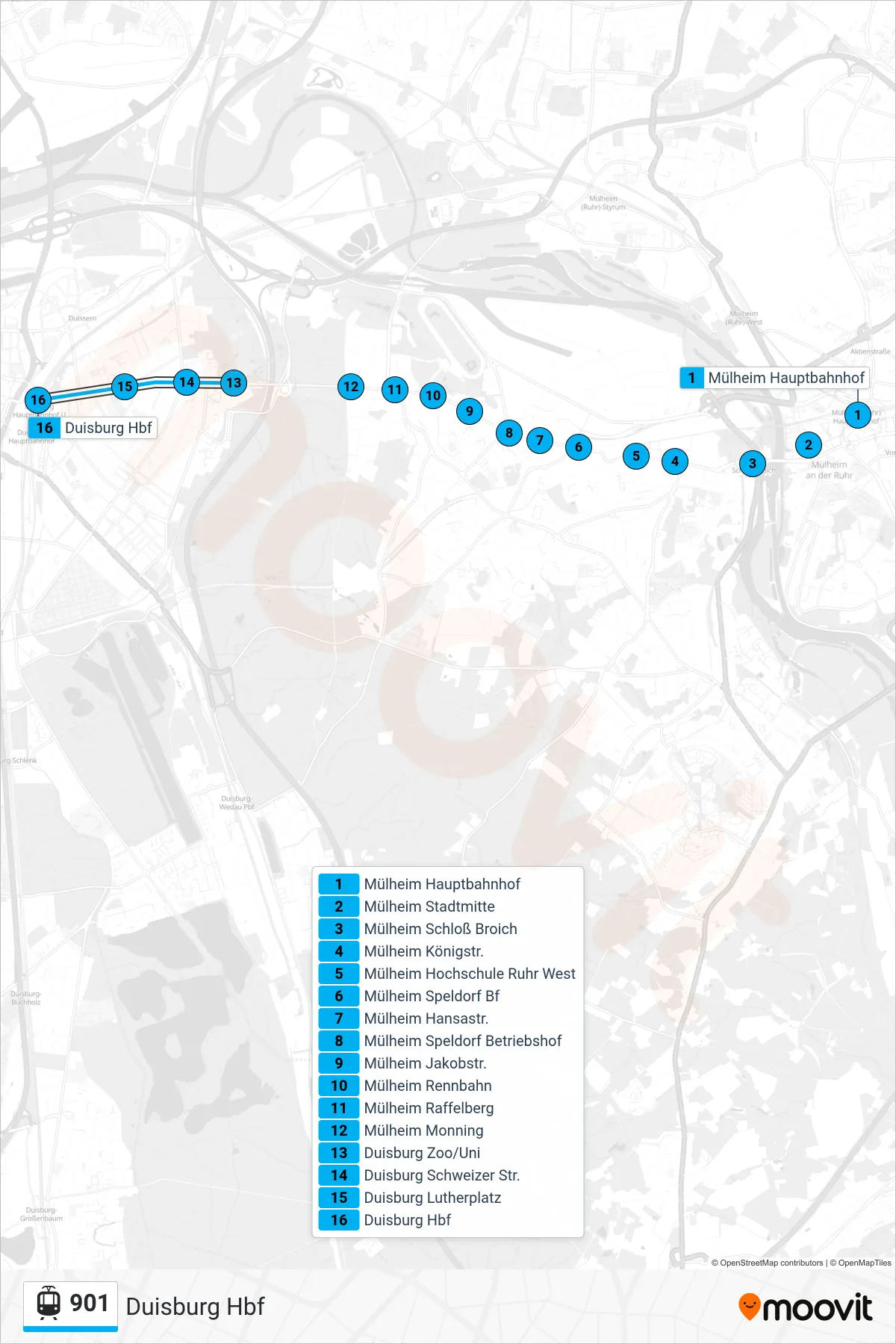 901 light rail Line (Duisburg Hbf) route and stops on a map