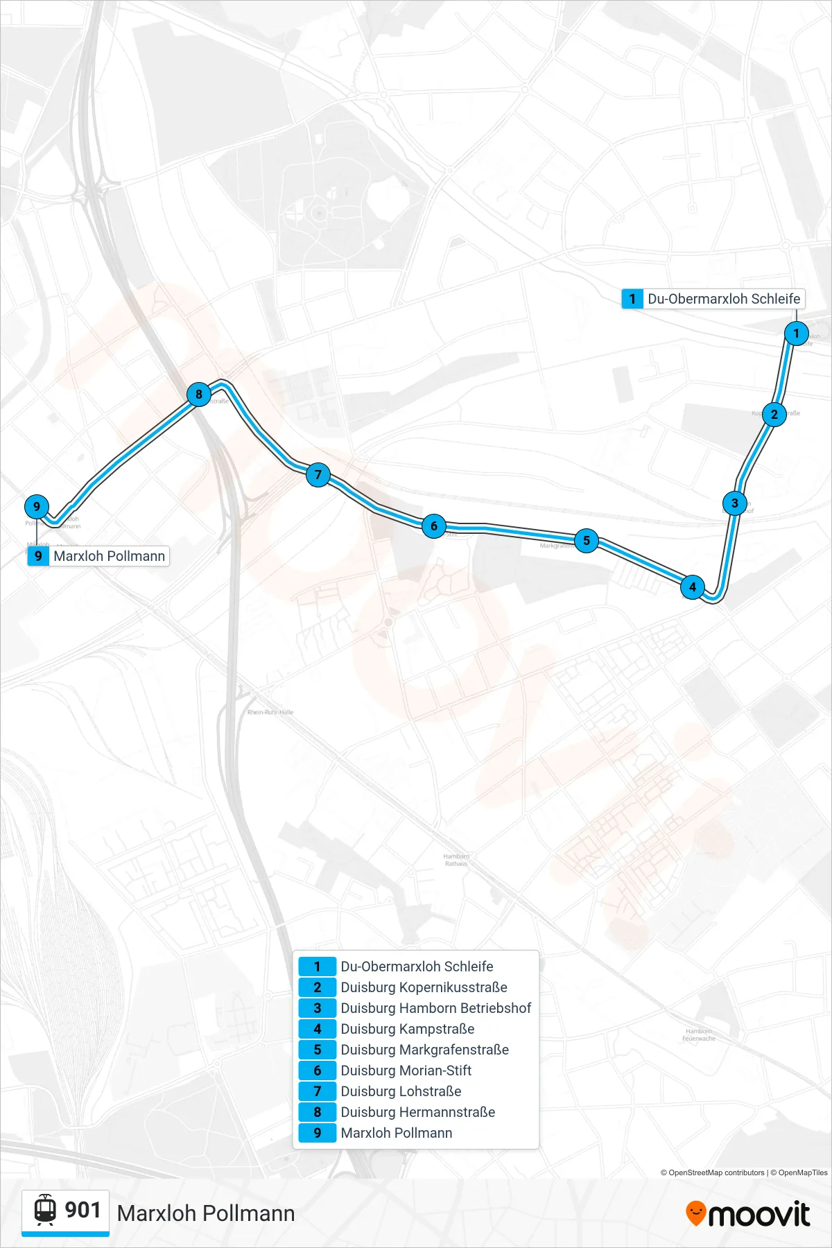 Linie 901 (Straßenbahn) Richtung Marxloh Pollmann: Route und Haltestellen auf der Karte