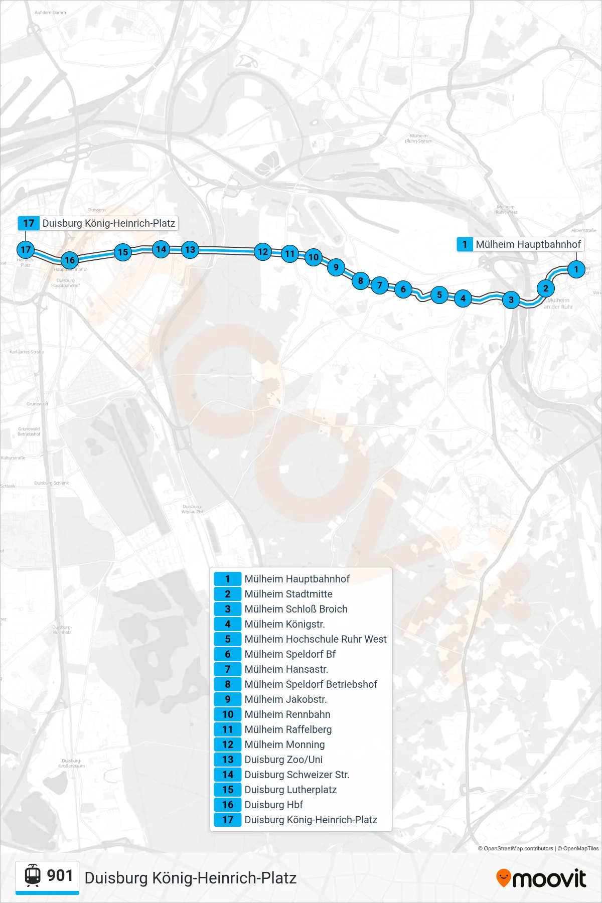 Linie 901 (Straßenbahn) Richtung Duisburg König-Heinrich-Platz: Route und Haltestellen auf der Karte