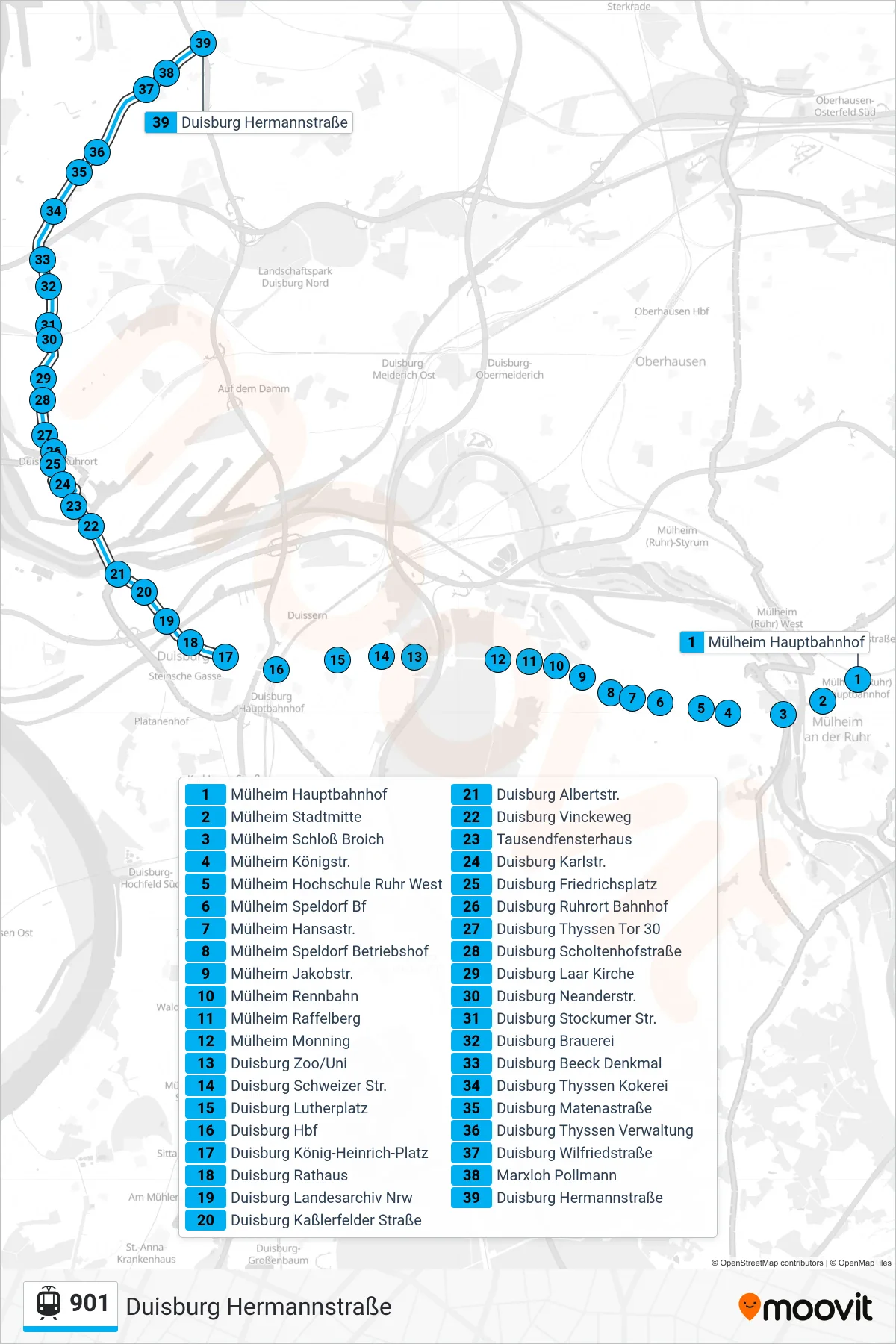 901 light rail Line (Duisburg Hermannstraße) route and stops on a map