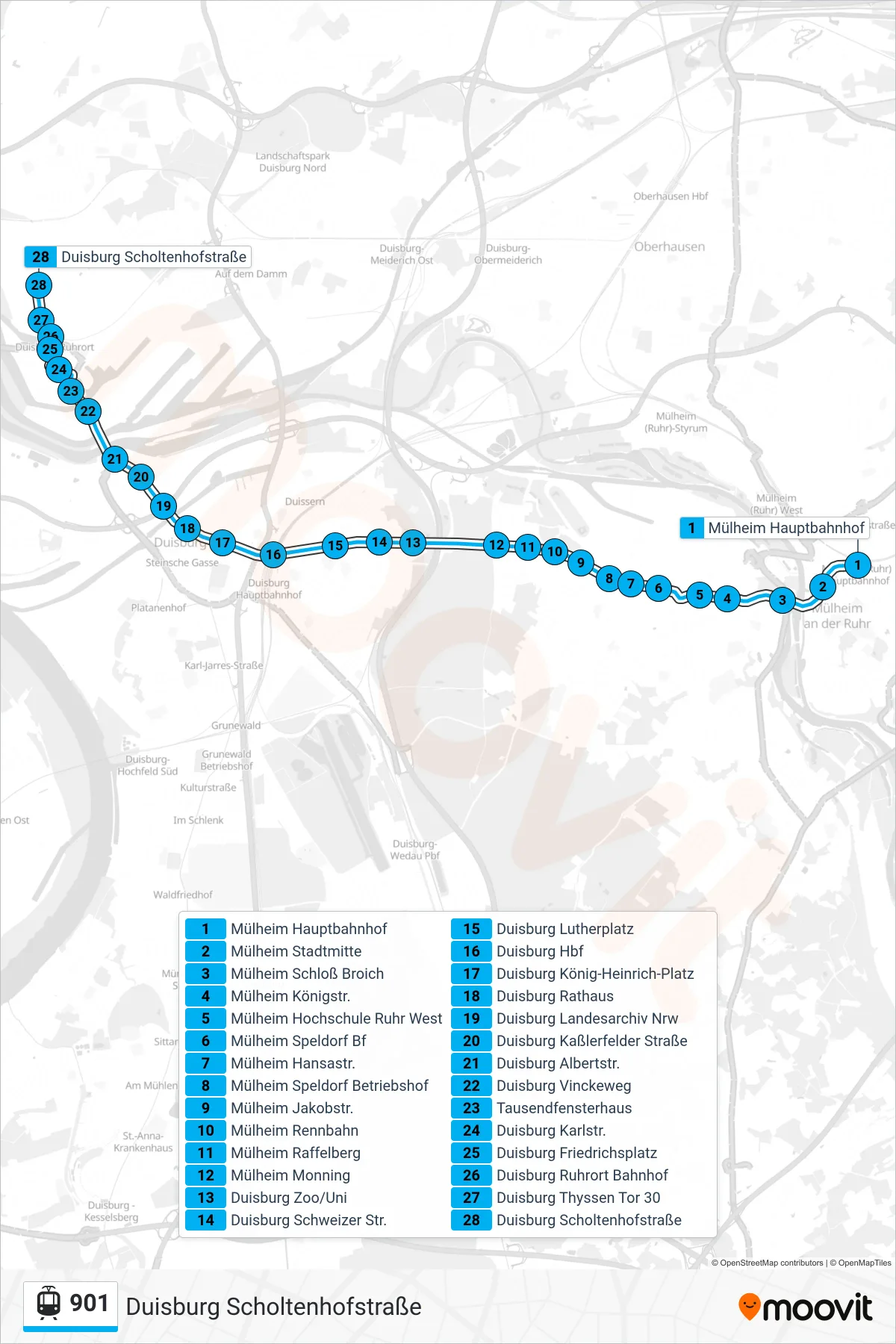 901 light rail Line (Duisburg Scholtenhofstraße) route and stops on a map