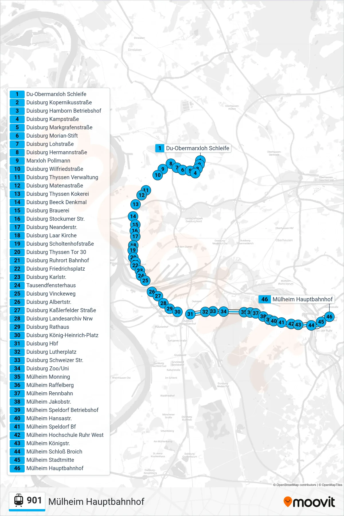 901 light rail Line (Mülheim Hauptbahnhof) route and stops on a map