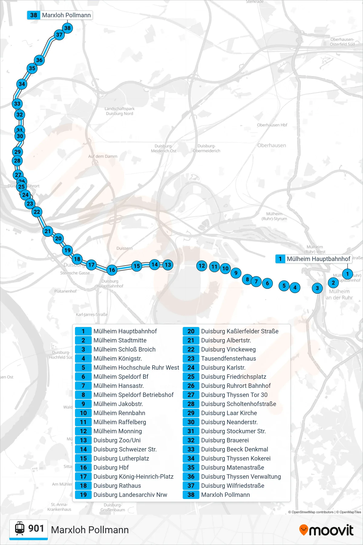 901 tram Line (Marxloh Pollmann) route and stops on a map