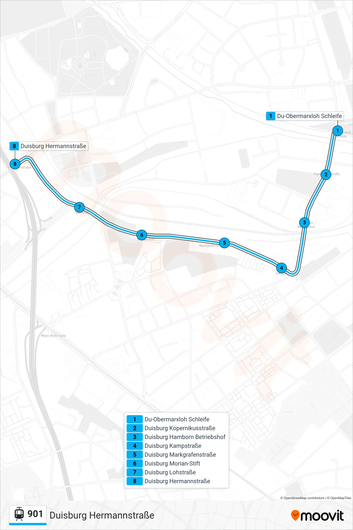 901 tram Line (Duisburg Hermannstraße) route and stops on a map
