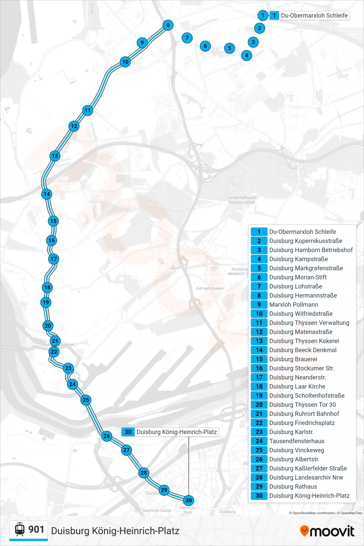 Linie 901 (Straßenbahn) Richtung Duisburg König-Heinrich-Platz: Route und Haltestellen auf der Karte
