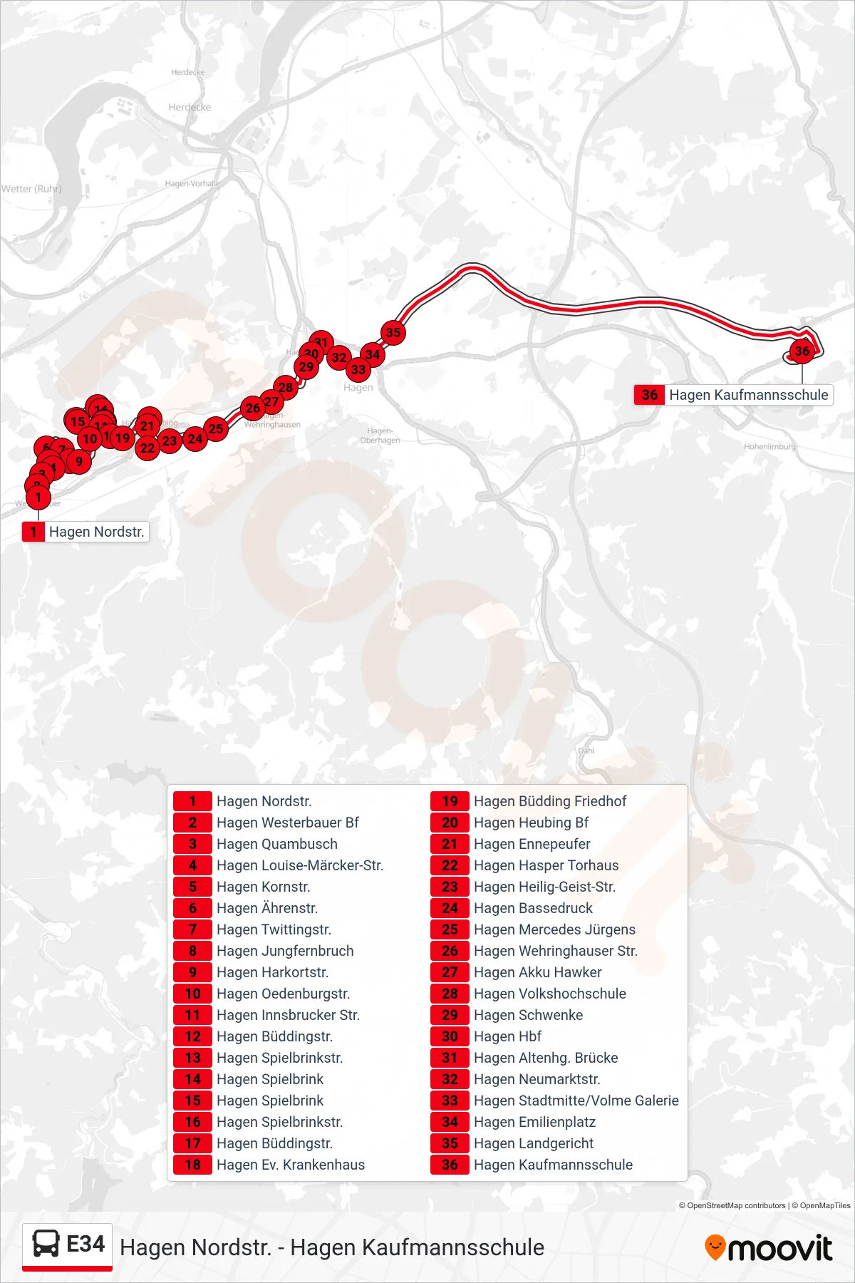Linie E34 (Bus) Richtung Hagen Kaufmannsschule: Route und Haltestellen auf der Karte