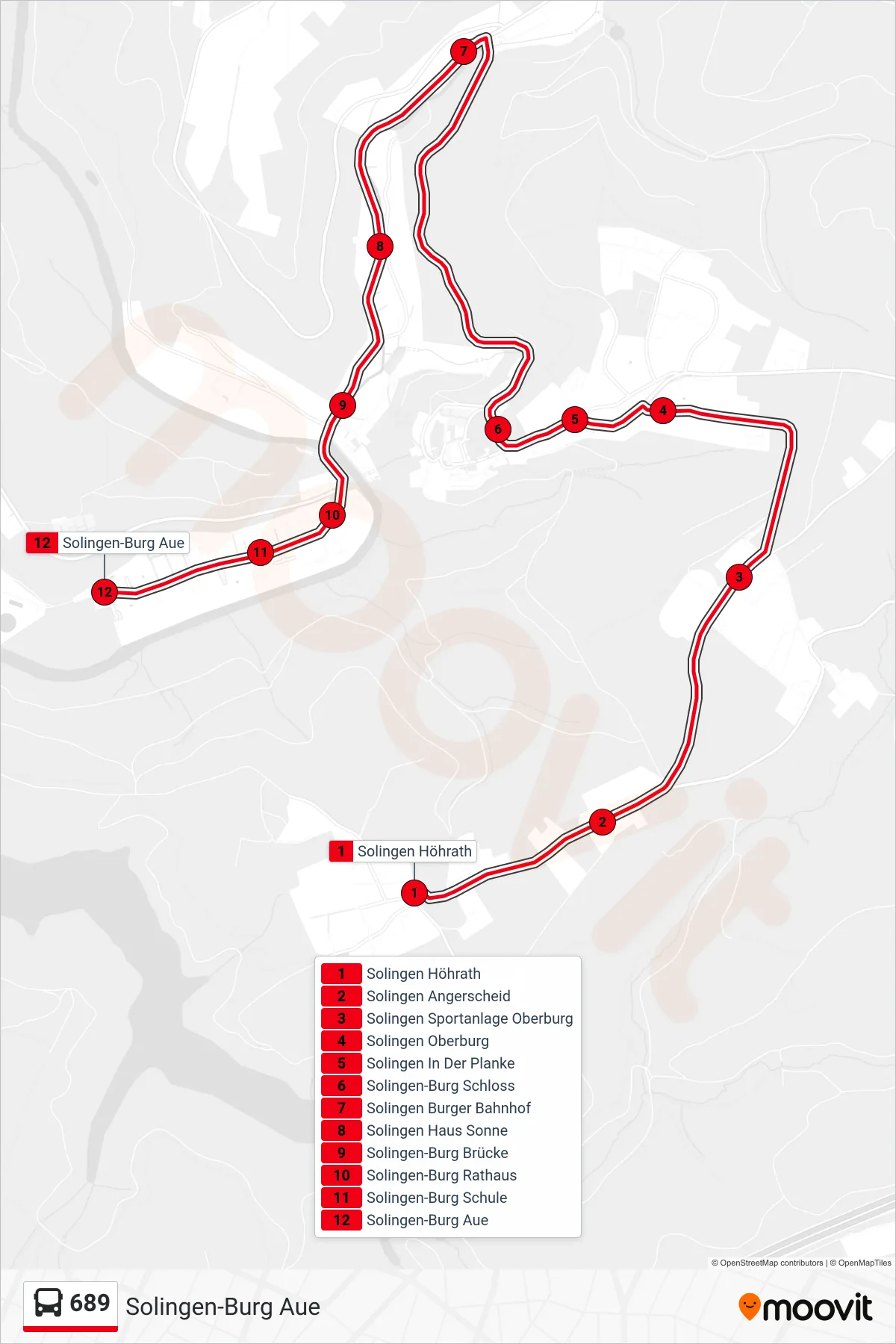 689 bus Line (Solingen-Burg Aue) route and stops on a map