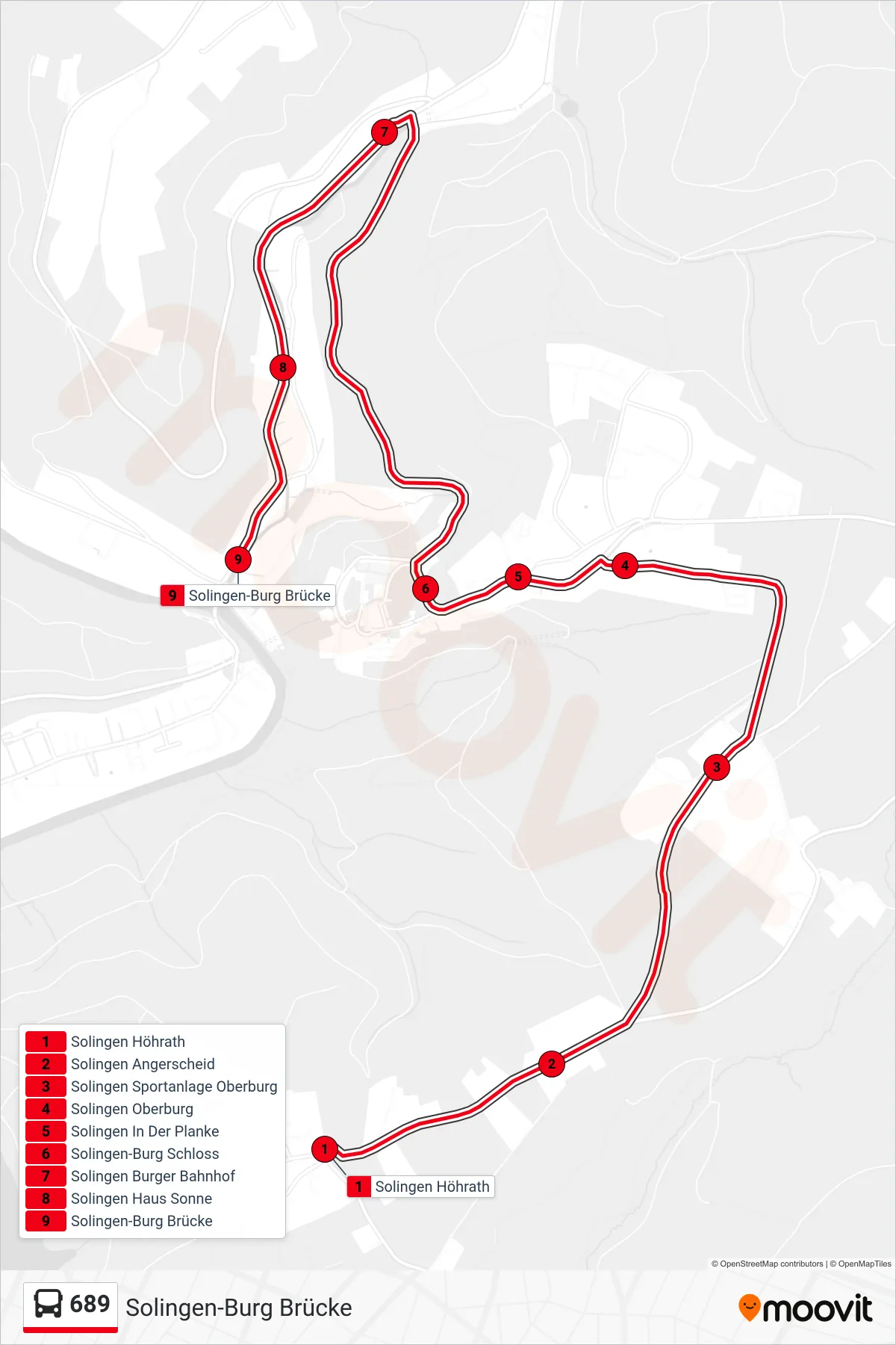 Linie 689 (Bus) Richtung Solingen-Burg Brücke: Route und Haltestellen auf der Karte