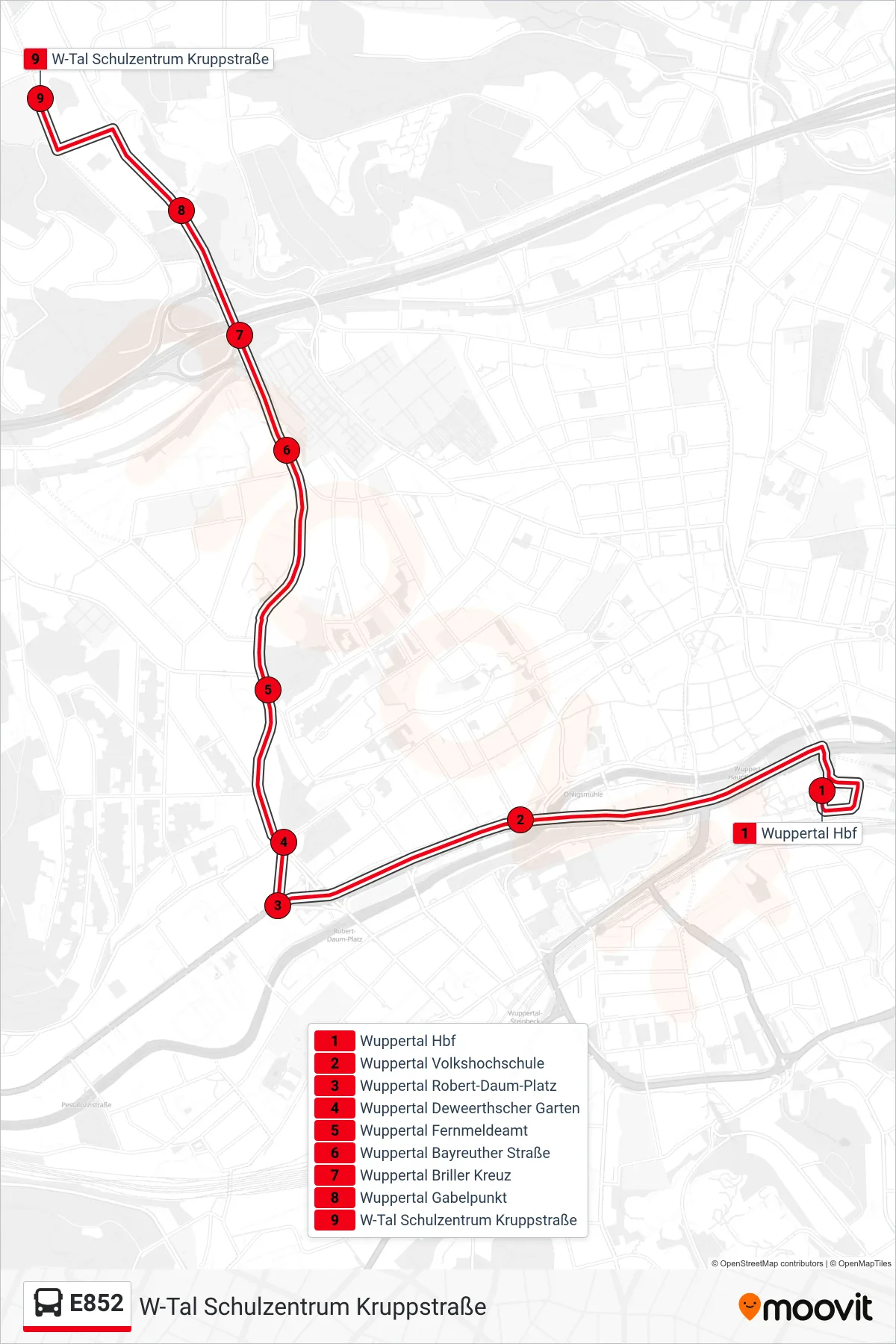 Linie E852 (Bus) Richtung W-Tal Schulzentrum Kruppstraße: Route und Haltestellen auf der Karte