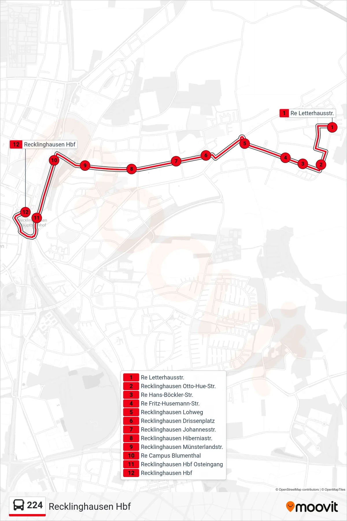 Linie 224 (Bus) Richtung Recklinghausen Hbf: Route und Haltestellen auf der Karte