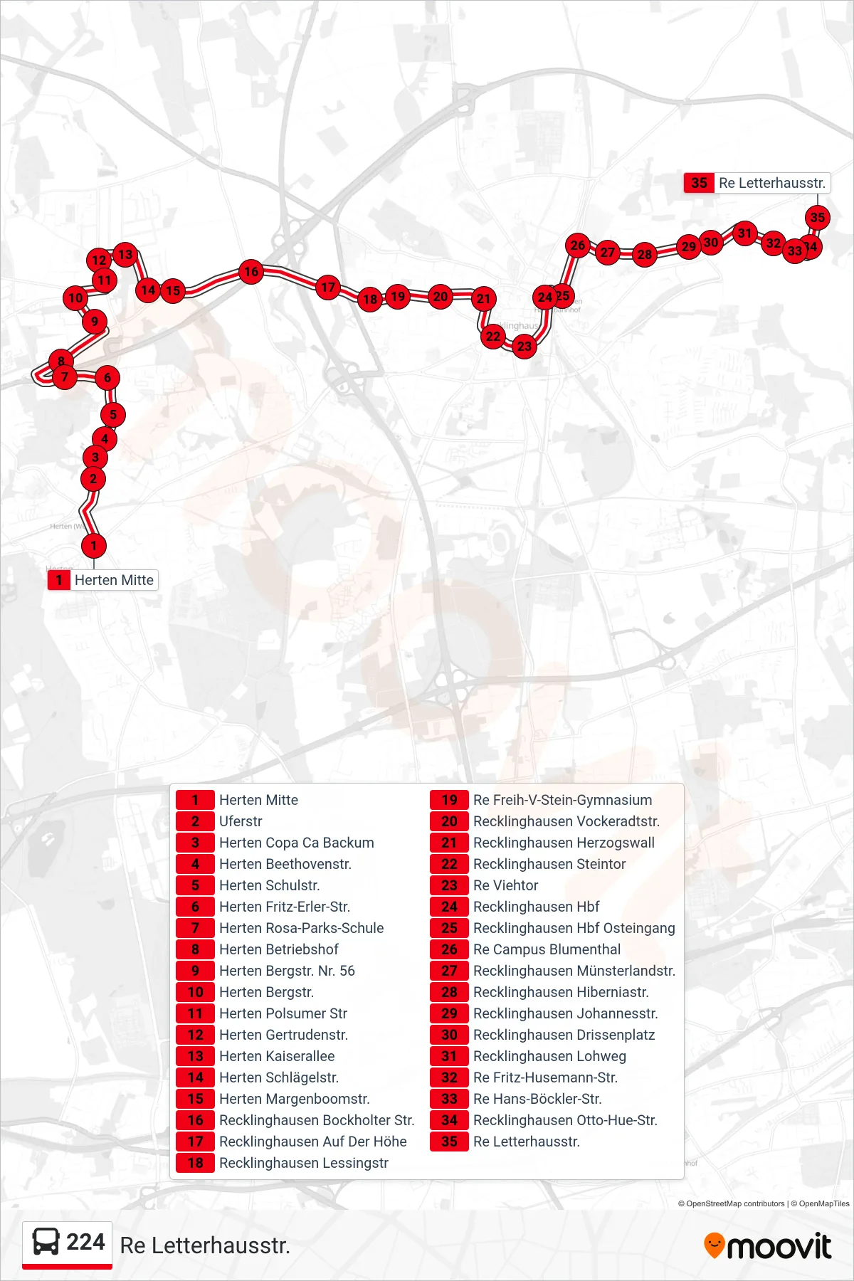 224 bus Line (Re Letterhausstr.) route and stops on a map