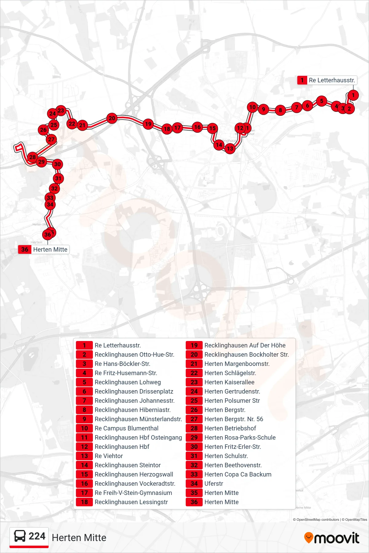 Linie 224 (Bus) Richtung Herten Mitte: Route und Haltestellen auf der Karte