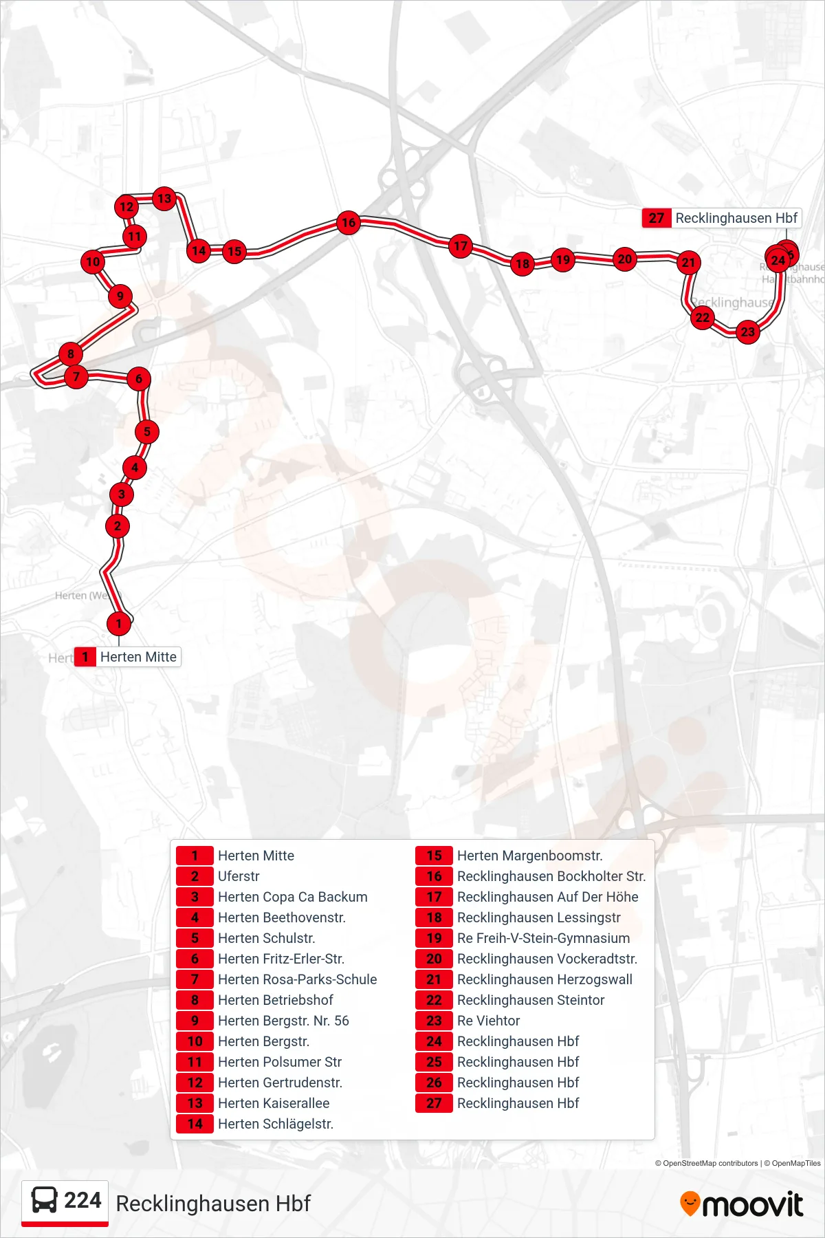 224 bus Line (Recklinghausen Hbf) route and stops on a map