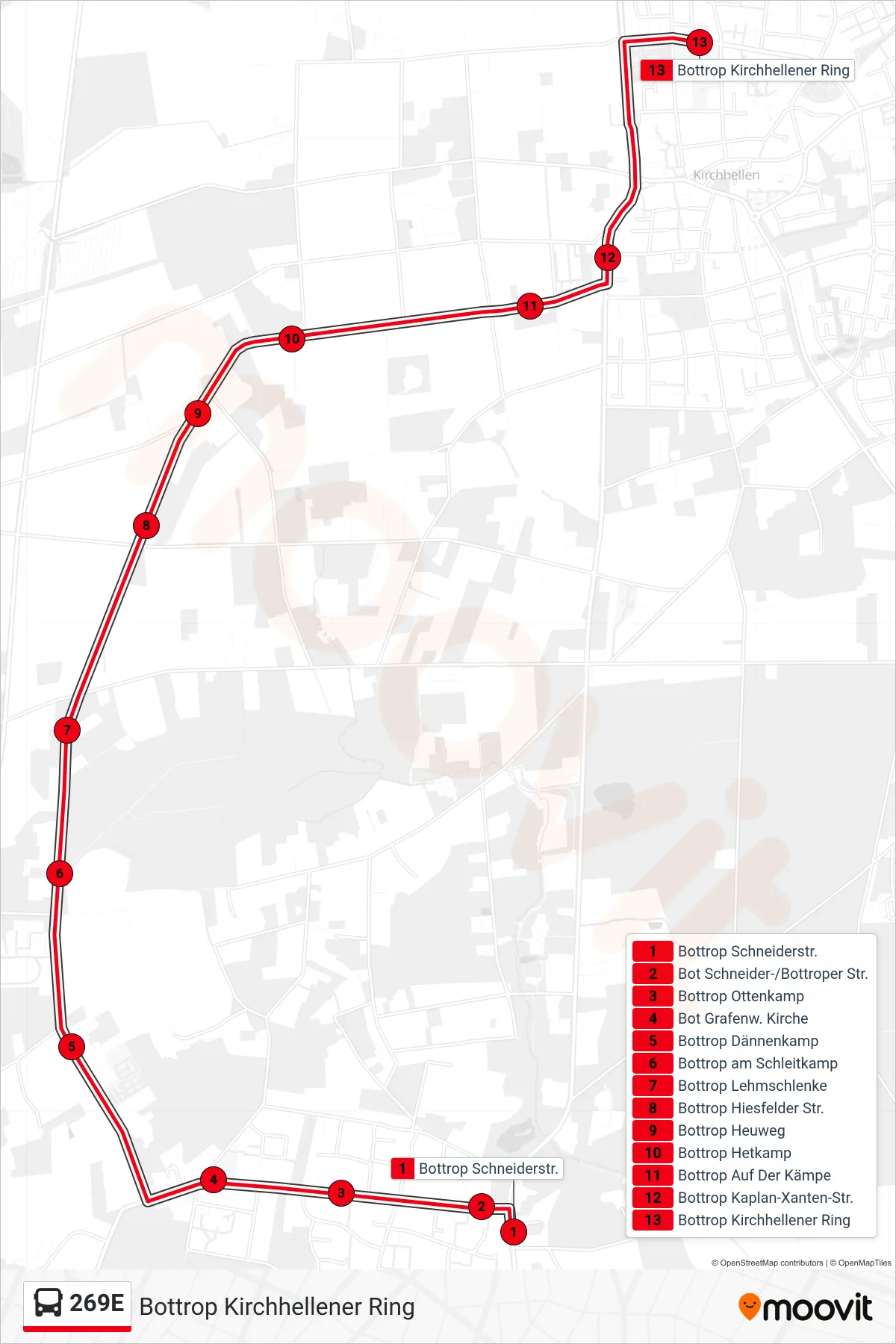 Linie 269E (Bus) Richtung Bottrop Kirchhellener Ring: Route und Haltestellen auf der Karte