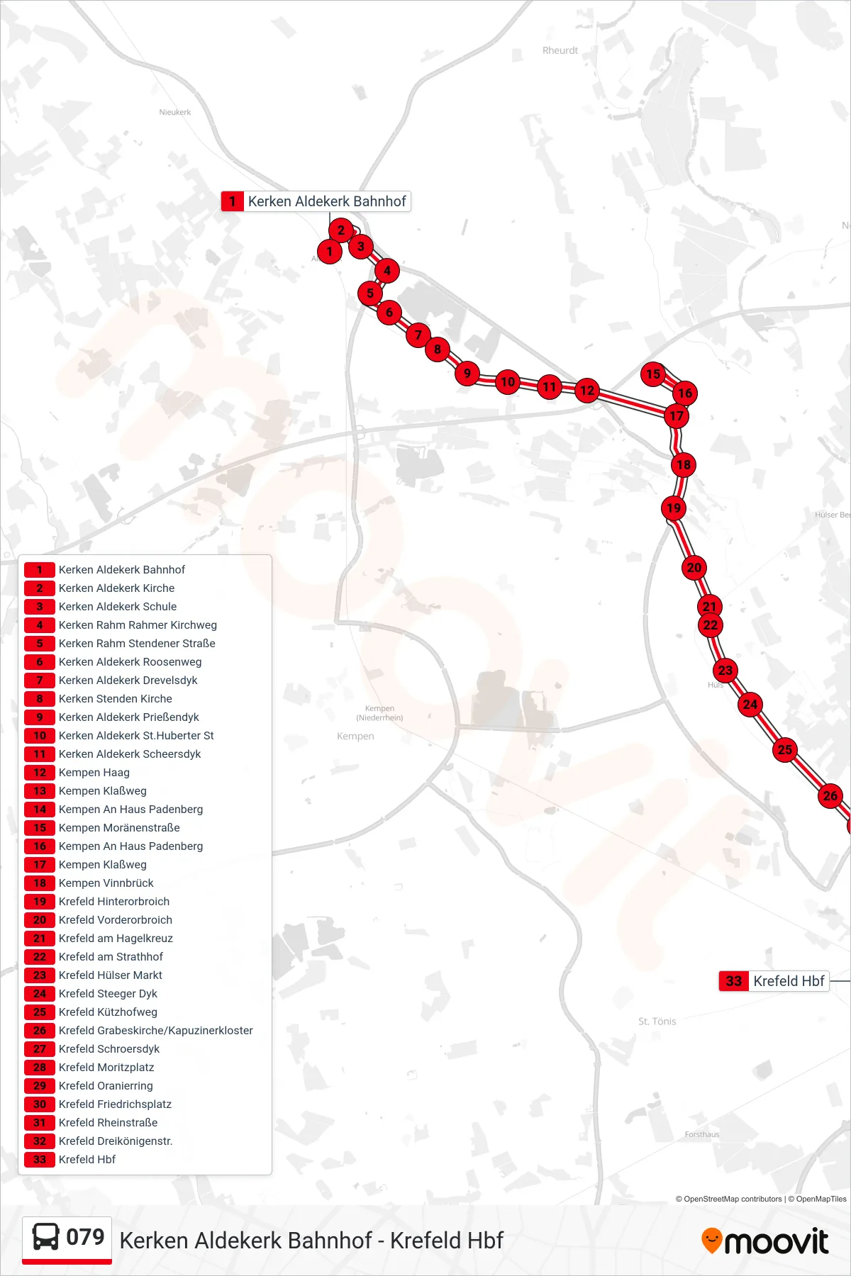 Linie 079 (Bus) Richtung Krefeld Hbf: Route und Haltestellen auf der Karte