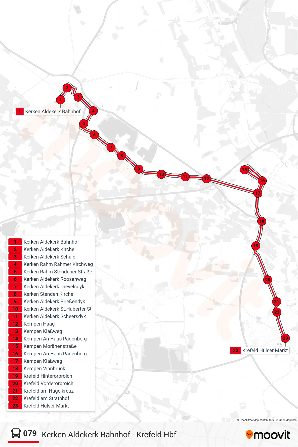 079 bus Line (Krefeld Hülser Markt) route and stops on a map