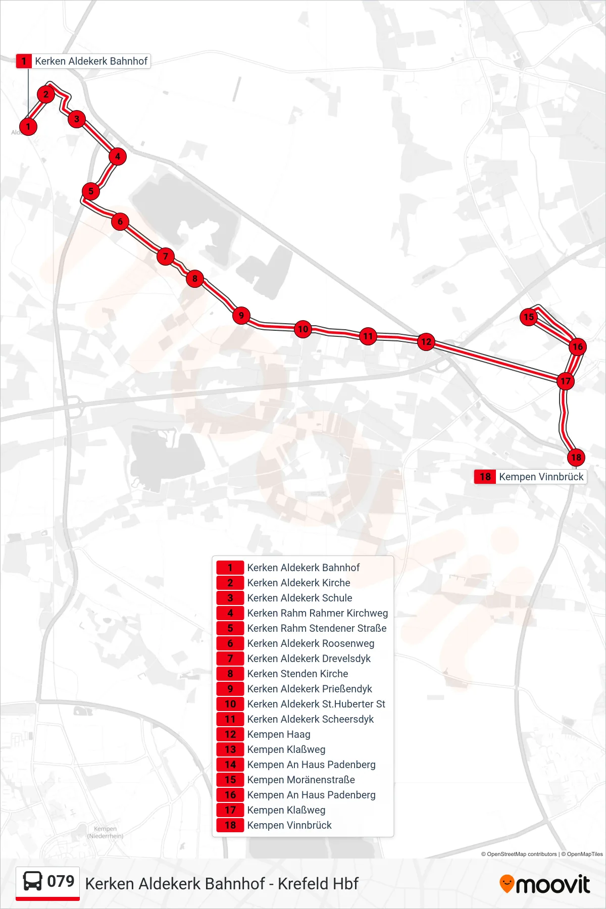 Linie 079 (Bus) Richtung Kempen Vinnbrück: Route und Haltestellen auf der Karte