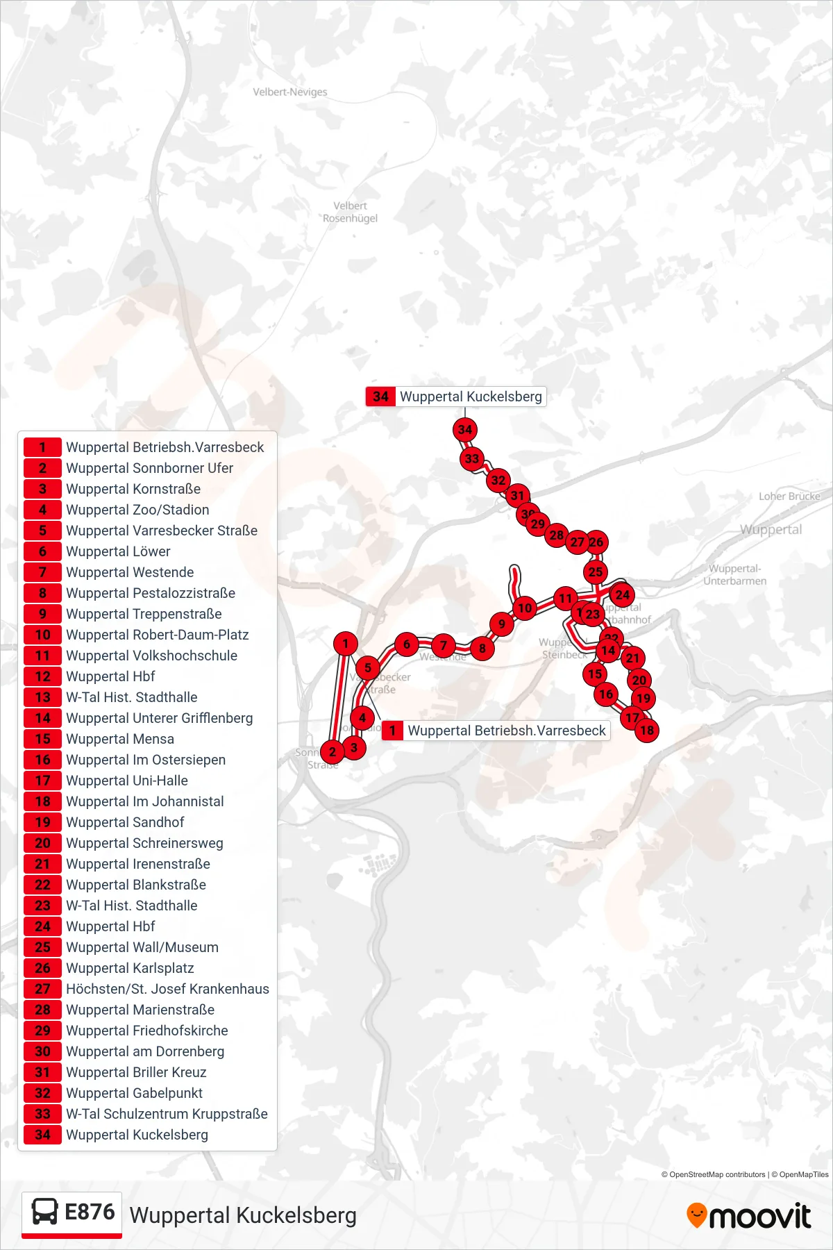 Linie E876 (Bus) Richtung Wuppertal Kuckelsberg: Route und Haltestellen auf der Karte