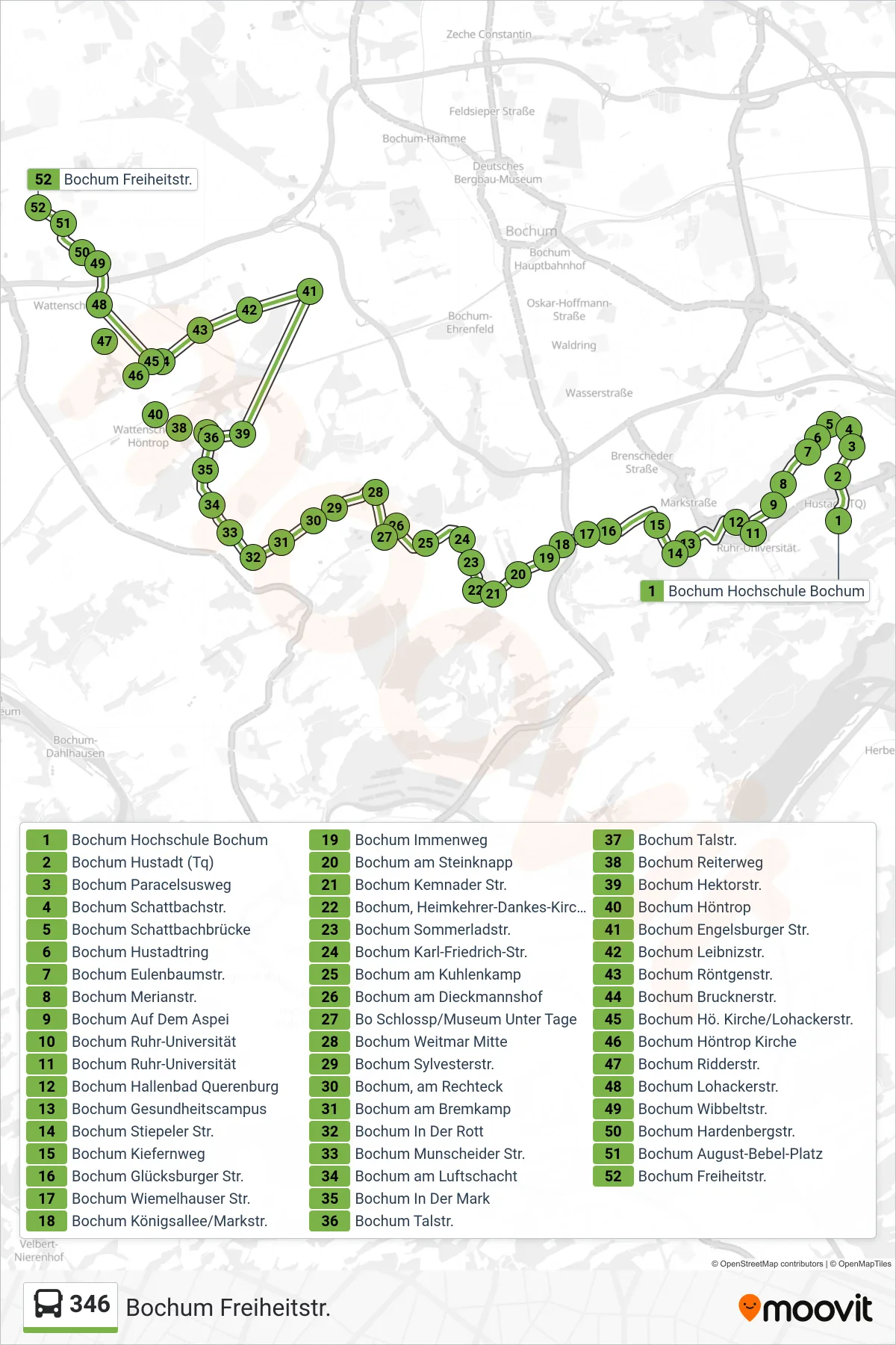 Linie 346 (Bus) Richtung Bochum Freiheitstr.: Route und Haltestellen auf der Karte