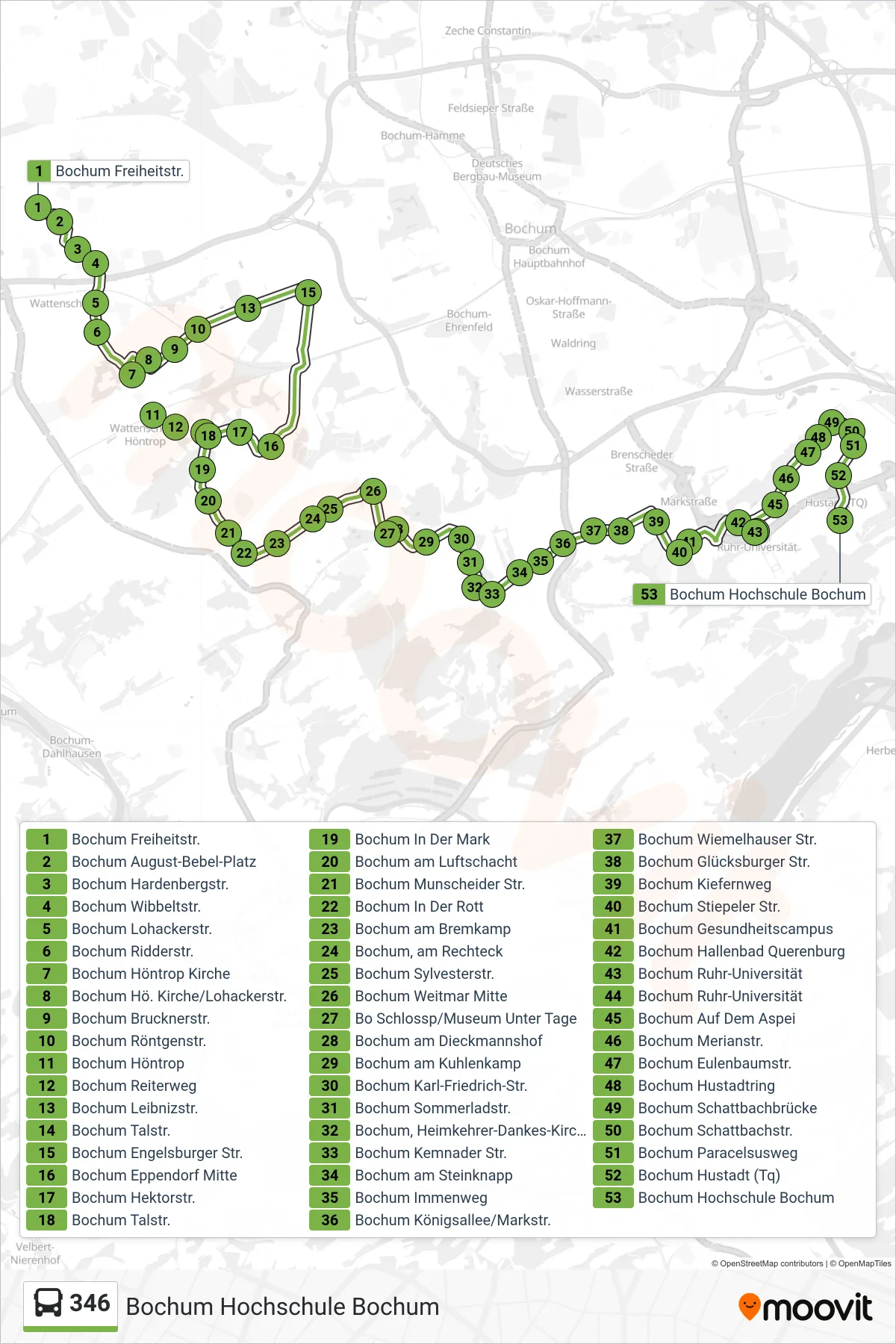 Linie 346 (Bus) Richtung Bochum Hochschule Bochum: Route und Haltestellen auf der Karte