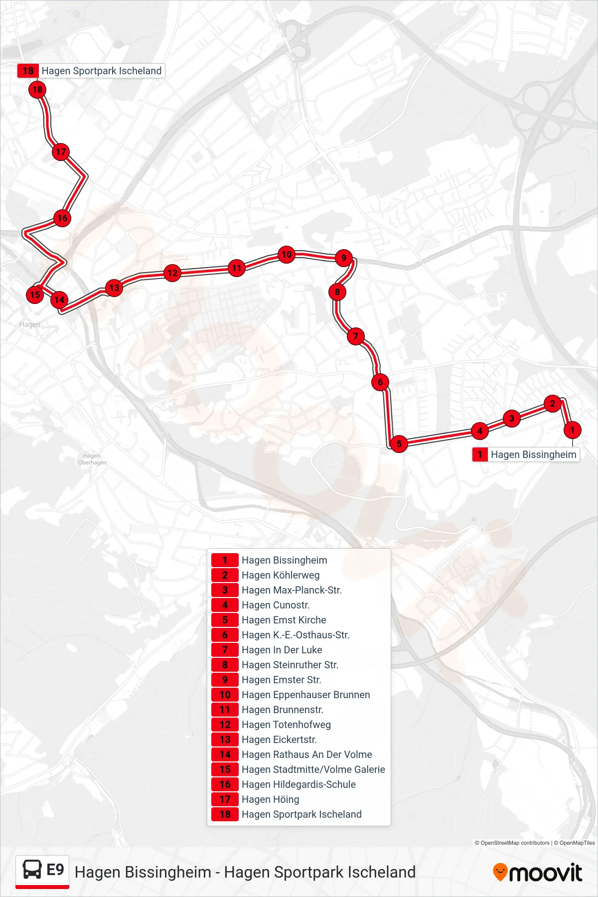 Linie E9 (Bus) Richtung Hagen Sportpark Ischeland: Route und Haltestellen auf der Karte