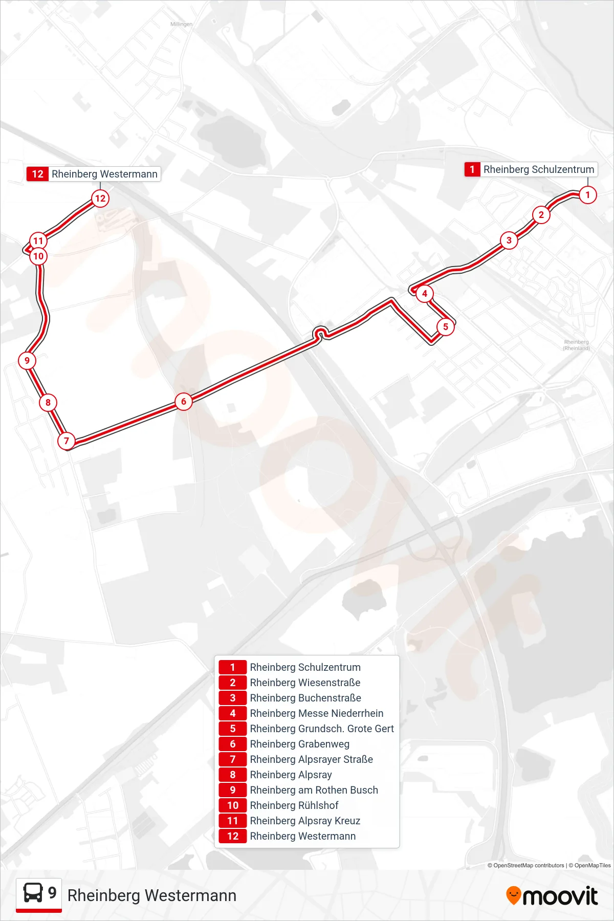 Linie 9 (Bus) Richtung Rheinberg Westermann: Route und Haltestellen auf der Karte