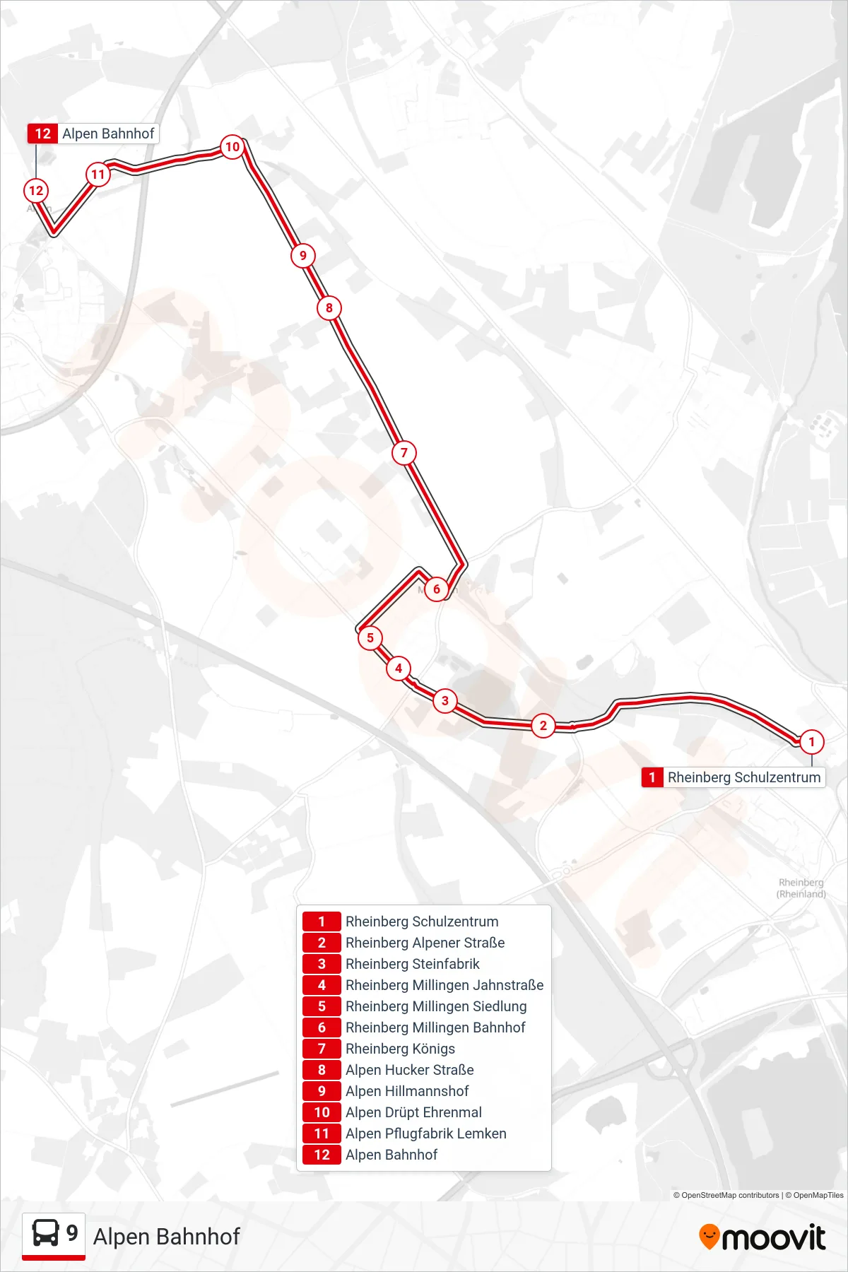 Linie 9 (Bus) Richtung Alpen Bahnhof: Route und Haltestellen auf der Karte