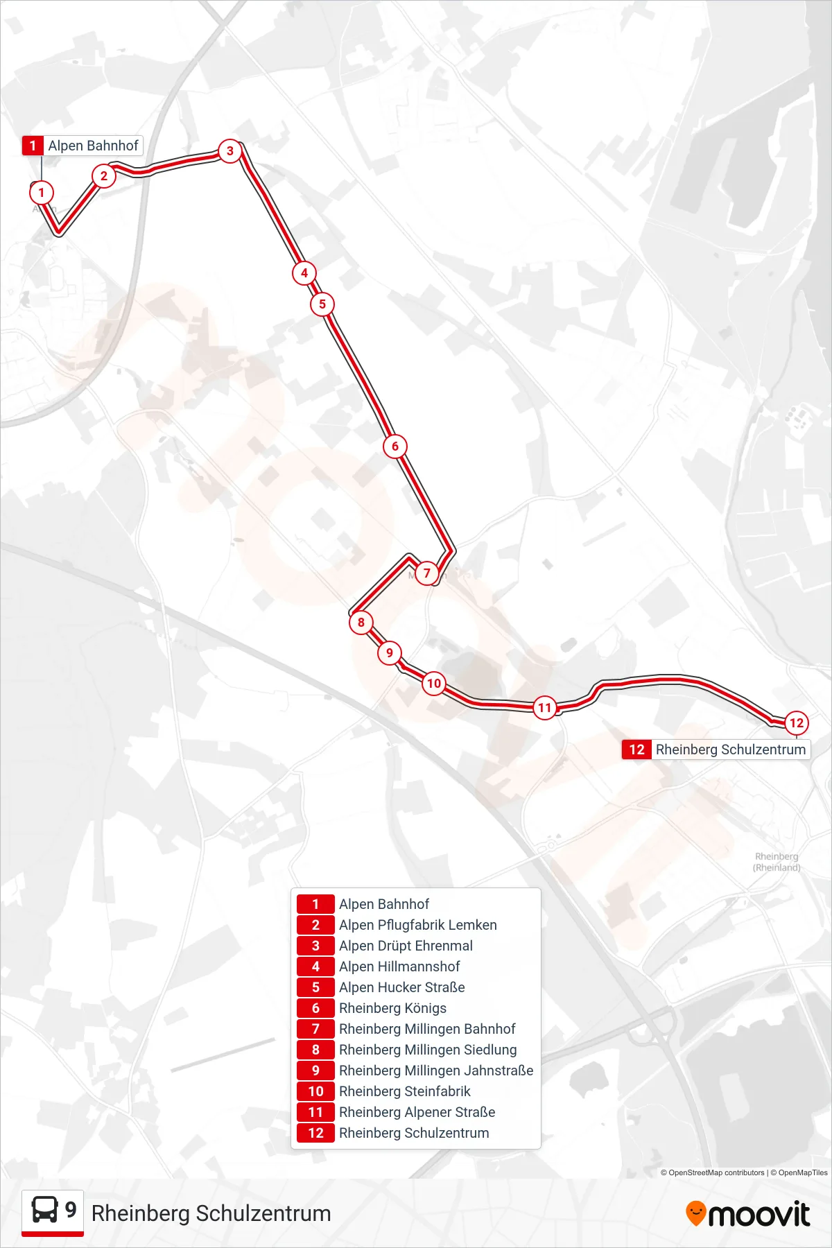 Linie 9 (Bus) Richtung Rheinberg Schulzentrum: Route und Haltestellen auf der Karte