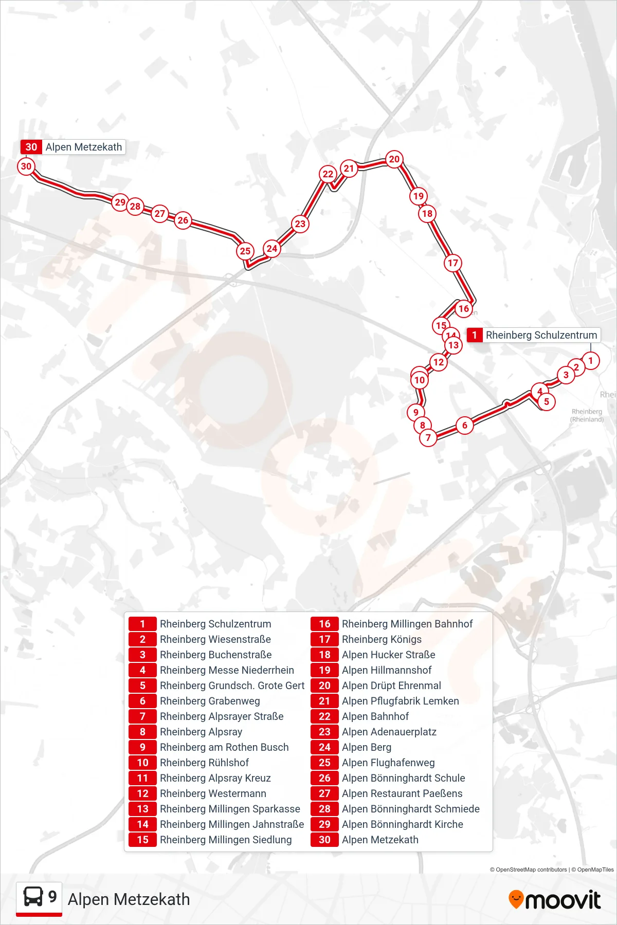 9 bus Line (Alpen Metzekath) route and stops on a map
